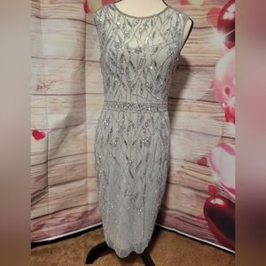 Adrianna Papell Silver Sequin Midi Dress